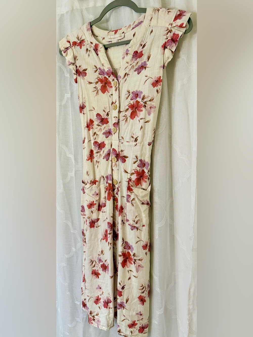 Monteau Cream Floral Midi Dress Medium Cottagecore Button Front Dress - Picture 6 of 16